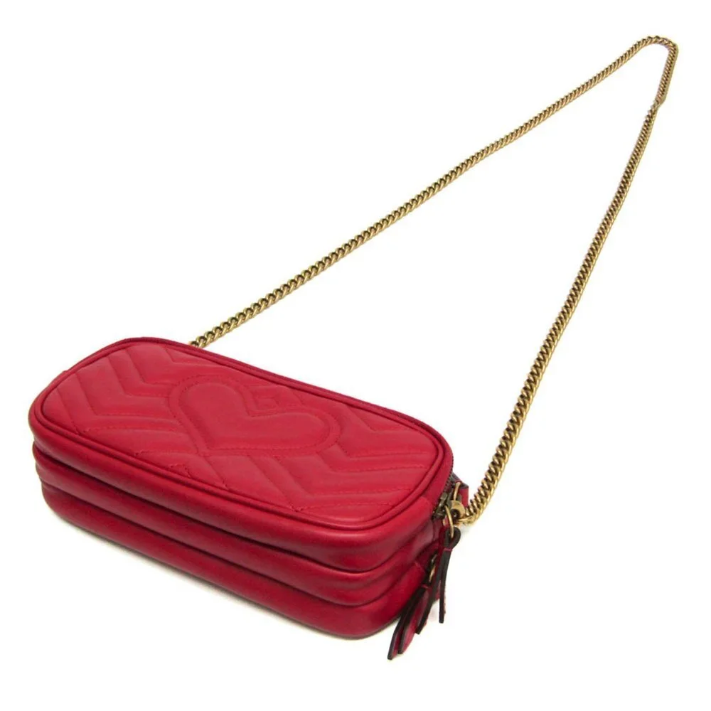 GUCCI Authentic Red Leather GG Marmont Shoulder Bag
